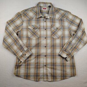 Wrangler Plaid Western Shirt Mens XL Brown Blue Button Up